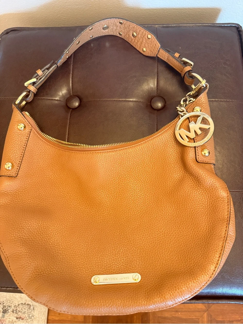 Michael Kors Cognac Pebbled Leather Hobo with Gold-Tone MK Charm